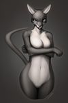  black_nose breasts crossed_arms detailed feline female front fur greyscale hi_res looking_at_viewer mammal monochrome multicolor_fur naughty_face nude plain_background raised_eyebrow solo two_tone_fur zensou 