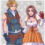  1boy 1girl aerith_gainsborough aerith_gainsborough_(garnet's_gown) artist_name bare_shoulders black_choker black_gloves black_wrist_cuffs blonde_hair blue_eyes blue_pants blue_vest breasts choker closed_mouth cloud_strife cloud_strife_(zidane's_outfit) cosplay crystal dress final_fantasy final_fantasy_vii final_fantasy_vii:_ever_crisis floral_background garnet_til_alexandros_xvii garnet_til_alexandros_xvii_(cosplay) gloves green_eyes hair_ribbon hand_on_own_hip highres jewelry juliet_sleeves komeko_(strikek-lvvjm27) light_smile long_sleeves medium_breasts medium_hair official_alternate_costume open_mouth orange_dress pants parted_bangs pendant petticoat pink_ribbon puffy_sleeves red_gloves ribbed_sweater ribbon shirt short_hair sidelocks sleeveless sleeveless_turtleneck spiked_hair standing suspenders sweater turtleneck vest white_shirt white_sweater wrist_cuffs zidane_tribal zidane_tribal_(cosplay) 