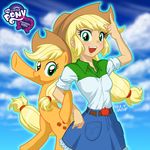  applejack_(mlp) belt blonde_hair boots breasts clothed clothing cowboy_hat cutie_mark denim_skirt duo equestria_girls equine female feral freckles friendship_is_magic fur green_eyes hair hat horse human humanized mammal my_little_pony orange_fur orange_skin pony size_difference skirt smile square_crossover standing teeth uotapo 