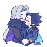  105zz 2boys black_cape black_coat black_gloves black_hair blue_cape blue_necktie cape closed_eyes closed_mouth coat collared_shirt corsage cropped_torso cross_scar earrings epaulettes final_fantasy final_fantasy_vii flower fur-trimmed_coat fur_trim gloves gold_trim grey_hair hair_slicked_back holding_hands jacket jewelry light_blush long_hair male_focus military_jacket military_uniform multiple_boys necktie open_mouth parted_bangs purple_cape red_flower red_rose rose scar scar_on_cheek scar_on_face sephiroth shirt sideburns single_earring smile two-sided_cape two-sided_fabric white_background white_gloves white_shirt yaoi zack_fair 