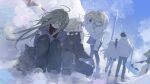  2boys 4girls absurdres ahoge black_cat black_jacket black_pants black_thighhighs blonde_hair blue_sky brown_hair cat closed_eyes cold commentary facing_away full_body fur-trimmed_jacket fur_trim green_hair highres ice jacket kagerou_project kano_shuuya kido_tsubomi kisaragi_momo knee_up kneeling kozakura_marry long_hair looking_down mo011010 multiple_boys multiple_girls outdoors pants purple_jacket red_scarf scarf seto_kousuke side_ponytail sky snow symbol-only_commentary tateyama_ayano thighhighs trembling utility_pole walking white_jacket yellow_eyes 