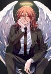  1boy ame105 androgynous angel angel_devil_(chainsaw_man) angel_wings arm_on_thigh arm_rest black_jacket black_necktie black_suit business_suit chainsaw_man commentary feathered_wings formal_clothes glowing glowing_halo hair_between_eyes halo hand_on_own_face hand_up head_rest highres invisible_chair jacket legs_apart long_hair male_focus necktie open_clothes open_jacket parted_lips red_eyes red_hair sitting solo straight-on suit suit_jacket traditional_halo white_wings wings 