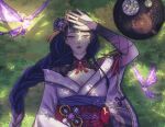  1girl absurdres blunt_bangs blurry braid breasts bug butterfly cleavage clothing_cutout commentary crystalfly_(genshin_impact) dappled_sunlight day depth_of_field fan_hair_ornament food genshin_impact glowing_butterfly grass highres japanese_clothes large_breasts long_braid looking_up lying mitsudomoe_(shape) mole mole_under_eye multicolored_hair neck_ribbon nxxin off_shoulder on_back on_grass open_mouth outdoors purple_eyes purple_hair raiden_shogun red_ribbon red_sash ribbon sash shade shoulder_cutout single_braid solo streaked_hair sunlight tomoe_(symbol) tray tree tree_shade wide_sleeves 
