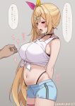  1girl absurdres ahoge amamidare artist_name blonde_hair blush bra_strap breasts commentary_request grey_background highres hoshikawa_sara hoshikawa_sara_(1st_costume) imminent_nipple_stimulation large_breasts long_hair motion_lines navel nijisanji open_mouth panty_straps red_eyes shirt shorts simple_background speech_bubble stomach sweatdrop thigh_strap tied_shirt translation_request trembling twitter_username very_long_hair virtual_youtuber 