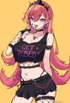  1girl absurdres belt black_belt black_nails black_skirt black_tiara breasts cleavage clothes_writing commentary coubalty earrings english_commentary fishnet_thighhighs fishnets gradient_hair hair_between_eyes heart highres jewelry long_hair midriff multicolored_hair navel necklace open_mouth orange_hair panty_straps phase_connect piercing pink_hair purple_eyes runie_ruse second-party_source single_fishnet_legwear skirt snake_earrings solo thighhighs tiara tongue_piercing twitter_username virtual_youtuber yellow_background 