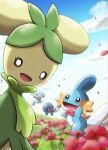  blue_sky closed_mouth clothed_pokemon cloud commentary_request day dolliv eyelashes flower mudkip neckerchief noir_(noir_0010) o_o open_mouth outdoors petals pink_flower pink_neckerchief pink_petals pokemon pokemon_(creature) pokemon_focus poliwag sky smile wooper 