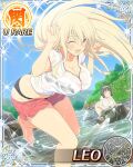  2girls :| ;d antenna_hair aquarius_(symbol) aries_(symbol) barefoot black_bra black_panties blonde_hair blue_sky blush bob_cut border boulder bra breasts brown_hair cancer_(symbol) capricorn_(symbol) card_(medium) character_name cleavage closed_eyes closed_mouth collarbone day dodecagram gemini_(symbol) grass groin hair_between_eyes lace-trimmed_bra lace_trim large_breasts leaning_on_object leo_(senran_kagura) leo_(symbol) libra_(symbol) long_hair looking_at_viewer mountainous_horizon multiple_girls official_art one_eye_closed open_mouth outdoors panties pisces_(symbol) plant purple_eyes red_shorts river rock sagittarius_(symbol) school_emblem scorpio_(symbol) senran_kagura senran_kagura_new_wave shirt short_shorts shorts sky smile sparkle splashing standing standing_on_one_leg syuri_(senran_kagura) taurus_(symbol) tree underwear very_long_hair virgo_(symbol) wet wet_clothes wet_shirt white_panties white_shirt zodiac_wheel 