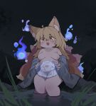  1girl absurdres ahoge animal_ear_fluff animal_ears blonde_hair blush breasts breasts_apart eyes_visible_through_hair fang hair_between_eyes hair_over_eyes highres jack-o'-lantern long_hair looking_at_viewer medium_breasts multiple_tails navel nipples open_mouth original outdoors sitting solo tail thick_thighs thighs translation_request water yellow_eyes zao_(pixiv_15847342) 