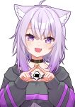  1girl :3 :d absurdres ahoge animal_ear_fluff animal_ears black_collar black_hoodie cat_ears cat_girl collar commentary_request fang food food_print highres hololive hood hoodie looking_at_viewer medium_hair nekomata_okayu nekomata_okayu_(1st_costume) onigiri onigiri_print open_mouth purple_eyes purple_hair skin_fang smile solo virtual_youtuber white_background yokuto 