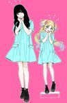  2girls alternate_hair_color animification black_hair black_shoes blonde_hair blue_dress blue_eyes commentary_request dress flower full_body gradient_hair hair_flower hair_ornament kan_kanna link!_like!_love_live! long_hair looking_at_viewer love_live! multicolored_hair multiple_girls osawa_rurino own_hands_together pink_background pink_flower purple_hair real_life shinanoya_(satanicad) shoes short_dress short_sleeves simple_background sneakers twintails virtual_youtuber voice_actor voice_actor_connection 