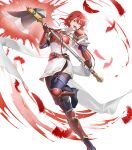  1girl arm_guards armor attack axe belt black_pantyhose blue_boots boots breastplate breasts brown_belt brown_gloves dress feathers fighting_stance fingerless_gloves fire_emblem fire_emblem:_mystery_of_the_emblem fire_emblem:_shadow_dragon fire_emblem_heroes full_body gloves gold_trim greaves headband high_heel_boots high_heels highres holding holding_axe holding_weapon looking_at_viewer minerva_(above_the_stars)_(fire_emblem) minerva_(fire_emblem) multiple_belts non-web_source official_alternate_costume official_art open_mouth pantyhose pauldrons red_armor red_eyes red_hair riz3 shin_guards short_dress short_hair short_sleeves shoulder_armor simple_background smile solo thigh_boots weapon white_dress white_headband 