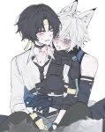  2boys animal_ears asaba_harumasa asymmetrical_gloves bare_shoulders bite_mark bite_mark_on_neck black_choker black_gloves black_hair black_necktie blood blood_on_chest blood_on_neck blue_gloves blue_pants blush cat_boy cat_ears cat_tail choker collarbone crossed_bangs elbow_gloves fangs gloves grey_tail hair_between_eyes hashtag-only_commentary headband highres kk90531875 looking_at_another male_focus mismatched_gloves multiple_boys necktie open_mouth pants parted_bangs parted_lips pendant_choker police police_uniform policeman purple_eyes seth_lowell shirt short_hair simple_background sitting sweat tail white_background white_hair white_shirt yaoi yellow_eyes yellow_gloves yellow_headband zenless_zone_zero 