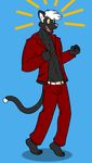  bare_chest belt black_fur blue_background cat clothing cute dipstick_tail epiphany excited feline fists fur hair happy jacket mammal mapdark open_mouth open_shirt pink_nose plain_background red_jacket red_pants shirt surprise white_hair yellow_sclera 