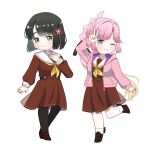  2girls ahoge anyoji_hime black_hair black_pantyhose black_ribbon blonde_hair blue_eyes blunt_bangs blunt_ends bob_cut brown_dress brown_shoes deformed dress flower flower_knot full_body gradient_hair hair_flower hair_ornament hair_ribbon hand_on_own_chest hasu_no_sora_school_uniform highres hood hooded_jacket jacket leg_up link!_like!_love_live! loafers long_hair long_sleeves looking_at_viewer love_live! medium_dress momose_ginko multi-tied_hair multicolored_hair multiple_girls neckerchief okome_(okome_l_l) open_clothes open_jacket pantyhose pink_hair pink_jacket pleated_dress ponytail ribbon sailor_collar sailor_dress school_uniform shoes short_hair simple_background v very_long_hair virtual_youtuber white_background white_flower white_sailor_collar winter_uniform yellow_neckerchief 