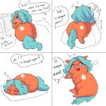 1:1 2025 ambiguous_gender ambiguous_human blue_hair blue_hooves blue_tail bodily_fluids comic dialogue digital_media_(artwork) duo english_text eyes_closed fluffy_pony fluffy_pony_(species) fur hair hi_res hooves horn human looking_at_another looking_back looking_back_at_another lying mammal markings mostly_offscreen_character on_front on_side open_mouth orange_body orange_fur pillow plushie purple_eyes purple_horn rear_view sibling_(lore) sister_(lore) sisters_(lore) sleeping sound_effects star_(marking) sweat tail teeth text toy_block vowelless vowelless_sound_effect white_markings yellowcottoncandy030 zzz