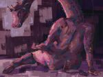 4:3 abstract_background anthro big_butt blush blush_lines butt digital_media_(artwork) digital_painting_(artwork) expressionism female female_anthro full-length_portrait giraffe giraffid hooves horn huge_butt ink_doctor long_neck looking_at_viewer mammal nude overweight overweight_female painterly painting_(artwork) portrait rear_view reclining sitting small_tail soft_lighting solo stylized tail tongue tongue_out