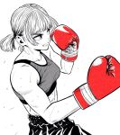  1girl boxing boxing_gloves boxing_shorts breasts commentary_request gloves greyscale hatching_(texture) highres lee_(dragon_garou) monochrome motion_lines mouth_guard open_mouth original profile punching red_gloves serious short_twintails shorts small_breasts solo sports_bra spot_color sweat toned toned_female twintails upper_body v-shaped_eyebrows 
