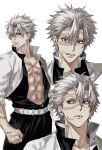  1boy abs belt buttons clenched_hand closed_mouth commentary_request demon_slayer_uniform highres jacket kimetsu_no_yaiba korean_commentary looking_at_viewer male_focus multiple_scars multiple_views open_clothes open_jacket red_eyes scar scar_on_arm scar_on_chest scar_on_face scar_on_forehead scar_on_nose shinazugawa_sanemi short_hair simple_background sso_s unbuttoned white_background white_belt 