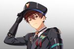  1boy adjusting_clothes adjusting_headwear arm_up black_gloves black_hat black_necktie brown_hair bug butterfly butterfly_(ensemble_stars!) closed_mouth collared_shirt commentary ensemble_stars! gloves gradient_background grey_background hair_between_eyes hat highres lapels long_sleeves looking_at_viewer male_focus morisawa_chiaki my_(highper27) necktie notched_lapels red_eyes shirt short_hair solo upper_body white_background 