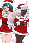  2girls bare_legs blunt_bangs bow bowtie braid braided_ponytail capelet commentary_request dark-skinned_female dark_skin dress elbow_gloves flying_sweatdrops fur-trimmed_capelet fur-trimmed_dress fur-trimmed_gloves fur_trim gloves green_hair hat highres jacinthe_(pokemon) lebanne_(pokemon) long_braid long_hair long_sleeves low_drills mega_stone mistletoe_hair_ornament multiple_girls one_eye_closed open_mouth pokemon pokemon_legends:_z-a purple_eyes purple_gloves purple_hair raised_eyebrows red_capelet red_dress red_gloves santa_costume santa_dress santa_hat smile strapless strapless_dress tongue tongue_out tsurime very_dark_skin white_bow white_bowtie white_trim wjuosrbt8w59142 