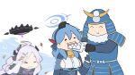  1girl 2girls ahoge ako_(blue_archive) armor black_halo blue_archive blue_gloves blue_hair blue_halo breasts commentary_request demon_girl demon_horns eating feeding fuyu_shogun gloves halo helmet highres hina_(blue_archive) hong_hongcha horns ice ice_cube japanese_armor kabuto_(helmet) long_hair medium_hair multiple_girls open_mouth sideboob simple_background smile upper_body white_background 