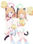  2girls :o absurdres animal_ear_headphones animal_ears arm_up armpits blonde_hair blue_archive blush bow cat_ear_headphones cat_ears cat_tail cheerleader commentary embarrassed fake_animal_ears fake_tail flat_chest green_bow hair_bow hair_ornament halo headphones highres kogooma looking_at_viewer loose_socks midori_(blue_archive) millennium_cheerleader_outfit_(blue_archive) miniskirt momoi_(blue_archive) multiple_girls navel pink_bow pleated_skirt pom_pom_(cheerleading) pom_pom_(clothes) pom_pom_hair_ornament shoes siblings sidelocks simple_background sisters skirt smile socks standing standing_on_one_leg tail tears teeth twins upper_teeth_only white_background white_shoes white_skirt white_socks 
