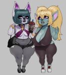 animal_ears animal_nose beverage big_breasts blonde_hair blue_body blue_fur bottom_heavy breasts bubble_tea cleavage clothed clothing duo ear_piercing ebelisk eyelashes female front_view fur green_hair grey_background grey_body grey_fur hair holding_beverage holding_object huge_breasts humanoid humanoid_pointy_ears inner_ear_fluff league_of_legends lips navel open_mouth piercing pigtails pointy_ears poppy_(lol) purple_eyes riot_games short_hair shortstack simple_background skimpy small_breasts tencent thick_lips thick_thighs tuft vex_(lol) wide_hips yordle