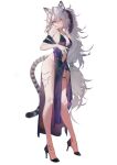 1girl absurdres alternate_costume animal_ears arknights bare_shoulders black_dress black_shoes breasts brown_nails closed_mouth clothing_cutout collarbone commission dress eyes_visible_through_hair fingernails full_body gradient_clothes gradient_dress hair_over_one_eye high_heels highres indra_(arknights) large_breasts legs long_fingernails long_hair nail_polish navel navel_cutout pixiv_commission purple_dress ribiadan shoes simple_background sleeveless solo standing tachi-e tail thigh_strap tiger_ears tiger_girl tiger_tail very_long_hair white_background yellow_eyes 