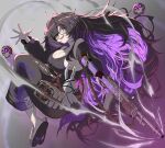  1girl assault_rifle bare_shoulders black-framed_eyewear black_cardigan black_dress black_hair book breasts cardigan cardigan_partially_removed cleavage colored_inner_hair commentary_request dress floating_skull glasses goddess_of_victory:_nikke gun hair_over_one_eye highres holding holding_gun holding_weapon label_(nikke) large_breasts long_hair looking_at_viewer mole mole_on_breast multicolored_hair open_mouth purple_eyes purple_hair purple_streaks rifle slippers smile solo stuffed_animal stuffed_rabbit stuffed_toy syope very_long_hair weapon 