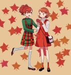  2girls autumn_leaves bag black_shoes brown_eyes brown_hair brown_shoes dress green_sweater hair_ornament hairclip highres leaf looking_at_another mary_janes multiple_girls open_mouth orange_socks persona persona_3 plaid_clothes plaid_dress ponytail red_dress shiomi_kotone shoes shoulder_bag socks standing standing_on_one_leg sweater takeba_yukari turtleneck white_socks white_sweater yomyompi 