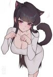  1girl absurdres animal_ears artist_logo black_eyes black_hair blush breasts cat_ears cat_tail cleavage closed_mouth commentary dongtan_dress dress grey_dress hands_up highres kemonomimi_mode komi-san_wa_komyushou_desu komi_shouko large_breasts leaning_forward logo long_hair long_sleeves paw_pose quilm simple_background solo standing tail tight_clothes tight_dress very_long_hair white_background 