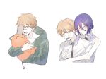  1boy 1girl 1other bare_arms bare_shoulders black_necktie black_ribbon blonde_hair blush chainsaw chainsaw_man closed_eyes collared_shirt commentary_request creature denji_(chainsaw_man) eyepatch green_eyes green_jacket hair_between_eyes hair_bun hetero highres hood hood_down hooded_jacket hug hug_from_behind jacket medium_hair neck_ribbon necktie nishi241_i open_mouth pochita_(chainsaw_man) purple_hair reze_(chainsaw_man) ribbon sharp_teeth shirt short_hair sleeveless sleeveless_shirt smile teeth updo upper_body white_background white_shirt 