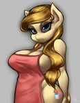  anthrofied apron big_breasts big_butt blue_eyes breasts brown_hair butt button&#039;s_mom button's_mom cauldroneer cleavage clothed clothing cutie_mark equine female fur grey_background hair horse looking_at_viewer mammal milf mother my_little_pony naked_apron nude original_character parent phurie plain_background pony solo tan_fur wide_hips 