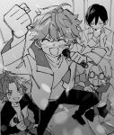  4boys ahoge akehoshi_subaru arm_up blush clenched_hand closed_eyes commentary ensemble_stars! facing_viewer glasses greyscale hair_between_eyes hand_on_own_chin hidaka_hokuto highres holding holding_microphone isara_mao jacket karaoke long_sleeves looking_at_another maki_keigo male_focus microphone monochrome multiple_boys open_clothes open_jacket open_mouth red-framed_eyewear short_hair smile stroking_own_chin surprised sweatdrop trickstar_(ensemble_stars!) yuuki_makoto_(ensemble_stars!) 
