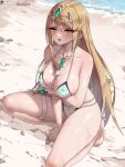  1girl adapted_costume arm_support arm_under_breasts artist_name barefoot beach bikini bilingual_commentary blonde_hair blush breasts collarbone commentary completion_time food_on_body food_on_breasts gem green_gem highres ice_cream_cone large_breasts long_hair looking_at_viewer mixed-language_commentary multi-strapped_bikini_bottom mythra_(xenoblade) on_one_knee open_mouth riro_(breakthrough_rr) solo swimsuit thigh_strap tiara twitter_username twitter_x_logo very_long_hair white_bikini xenoblade_chronicles_(series) xenoblade_chronicles_2 yellow_eyes 