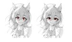  1girl agnes_tachyon_(umamusume) ahoge animal_ears bow bowtie commentary feint721 greyscale hair_between_eyes highres horse_ears horse_girl long_hair looking_at_viewer monochrome multiple_views red_eyes school_uniform smile spot_color tracen_school_uniform umamusume 