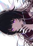 1girl absurdres black_hair bright_pupils columbina_(genshin_impact) commentary_request genshin_impact hair_ornament head_wings highres long_hair looking_at_viewer magnet_8_8 multicolored_hair purple_eyes purple_hair simple_background smile solo unusually_open_eyes upper_body white_background white_pupils wing_hair_ornament wings 
