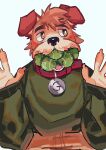  2023 anthro ball balls_in_mouth biped brown_body brown_eyes brown_fur canid canine canis clothing collar_tag domestic_dog fur green_clothing green_sweater green_topwear hemuchang hi_res looking_aside male mammal slim_anthro slim_male solo sweater tennis_ball topwear 