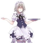  1girl apron black_ribbon blue_skirt blue_vest bow braid braided_sidelocks buttons closed_eyes collared_shirt commentary_request cowboy_shot crote frilled_apron frills green_bow grey_hair hair_between_eyes hair_bow hair_ribbon hands_up highres holding holding_tray izayoi_sakuya large_variant_set layered_skirt light_smile maid_apron maid_headdress medium_skirt parted_lips puffy_short_sleeves puffy_sleeves ribbon shirt short_hair short_sleeves skirt sleeve_cuffs solo standing tachi-e thighhighs touhou transparent_background tray twin_braids variant_set vest white_apron white_headdress white_shirt white_thighhighs wing_collar 