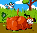 2025 3_toes abdominal_bulge ambiguous_feral ambiguous_gender beak belly big_belly bill_(anatomy) black_body black_nose brown_body butt cloud collar digestion digestion_noises digital_media_(artwork) duck_hunt duck_hunt_dog duck_hunt_duck feet feral grass green_body hi_res markings membrane_(anatomy) neck_markings neck_ring nintendo obscureanon one_eye_closed pixel_(artwork) plant quadruped same_size_vore slosh sloshing_belly struggling struggling_prey surprised tail teeth thick_thighs toes tree vore webbed_feet whisker_spots white_body white_snout wings