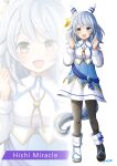  1girl absurdres animal_ears asymmetrical_footwear black_boots blue_dress blue_sash blush boots breasts brown_eyes character_name commentary_request detached_sleeves dress ear_covers full_body grey_hair highres hishi_miracle_(miracle_make-up!)_(umamusume) hishi_miracle_(umamusume) horse_ears horse_girl horse_tail konsu_(konsu1182da) looking_at_viewer medium_hair mismatched_footwear open_mouth pantyhose sash simple_background smile tail umamusume white_background white_boots white_dress white_pantyhose zoom_layer 