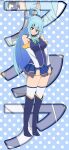  absurdres aqua_(konosuba) aqua_bow aqua_bowtie bambi2000line blue_background blue_boots blue_eyes blue_hair blue_shirt blue_skirt blue_theme boots bow bowtie breasts character_name commentary detached_sleeves highres knee_boots kono_subarashii_sekai_ni_shukufuku_wo! long_hair looking_at_viewer miniskirt polka_dot polka_dot_background shirt skirt smile thighhighs white_thighhighs 