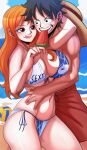  1boy 1girl :q absurdres arm_around_neck arm_up ball beach beachball bikini biting black_hair blue_sky blush breasts brown_eyes cleavage cloud cloudy_sky commentary coolb_art cowboy_shot day english_commentary feeding food front-tie_bikini_top front-tie_top fruit hand_on_another's_waist hat highres holding holding_food hug hug_from_behind large_breasts long_hair looking_at_another monkey_d._luffy mouth_hold nami_(one_piece) navel ocean official_alternate_costume one_piece one_piece_film:_gold orange_hair outdoors pink_lips popsicle red_shorts scar scar_on_cheek scar_on_face short_hair shorts side-tie_bikini_bottom sky stomach straw_hat summer swimsuit teeth_hold tongue tongue_out topless_male unworn_hat unworn_headwear watermelon watermelon_bar watermelon_slice wavy_hair 