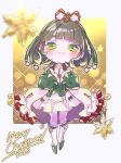  1girl 2025 absurdres blush boots closed_mouth commentary_request green_eyes green_hair green_shirt highres holy_night_tale_(love_live!) kirisaki_nuko knee_boots link!_like!_love_live! long_sleeves looking_at_viewer love_live! merry_christmas momose_ginko puffy_long_sleeves puffy_sleeves shirt skirt smile solo virtual_youtuber white_boots white_skirt yellow_background 