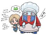  1boy 1other aqua_ribbon bare_shoulders bib blonde_hair blue_eyes blue_pants blue_vest blue_wrist_cuffs boots cat_tail chef_hat chibi chibi_only coat commentary_request crossed_arms final_fantasy final_fantasy_ix frog gloves grey_boots grey_gloves hat highres light_blush low_ponytail moyapippi neck_ribbon open_mouth pants parted_bangs ponytail quina_quen red_coat ribbon speech_bubble sweatdrop tail thought_bubble tongue tongue_out vest white_background wrist_cuffs zidane_tribal 