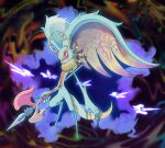  abstract_background absurdres antlers blue_eyes commentary_request fecto_elfilis full_body furry highres holding holding_polearm holding_weapon horns kirby_(series) kirby_and_the_forgotten_land kujiramaru looking_at_viewer multicolored_eyes polearm portal_(object) purple_eyes spear star_(symbol) two-tone_eyes weapon wing_ears 