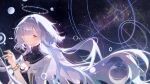  1girl absurdres bracelet circle colored_eyelashes earrings floating_hair hair_over_one_eye halo hand_up highres jacket jewelry long_hair mornye_(wuthering_waves) parted_lips red_eyes ring san_sui_dingshang_ya solo star_(sky) starry_sky_background upper_body watermark weibo_watermark white_hair white_jacket wuthering_waves 