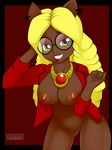  anthro bent_over blonde_hair breasts canine clawdia_wolf clothing eyewear fangs female glasses gold hair jacket kloudmutt looking_at_viewer mammal monster_high navel necklace nipples piercing pinkie_out pussy smile solo were werewolf yellow_eyes 