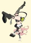  1girl amillion_(zenless_zone_zero) bangboo_(zenless_zone_zero) black_boots black_ribbon black_shorts boots breasts clothing_cutout commentary_request cutoffs earrings floating_hair green_eyes hair_ornament hairclip handstand heart heart_earrings highres holding holding_suitcase jewelry large_breasts looking_at_viewer micro_shorts midriff mole mole_under_eye navel nicole_demara niihatigounana one_arm_handstand one_eye_closed open_mouth pink_hair ribbon shorts shoulder_cutout simple_background single_thighhigh solo strapless stuffed_toy suitcase thighhighs torn_clothes torn_thighhighs tube_top two_side_up upside-down white_tube_top yellow_background zenless_zone_zero 