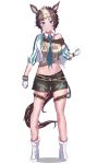  1girl 323mihumi absurdres animal_ears aqua_necktie black_shorts blush breasts brown_hair brown_shirt closed_mouth commentary_request cropped_jacket full_body gloves green_necktie highres horse_ears horse_girl horse_tail jacket looking_at_viewer mejiro_ryan_(down_the_line)_(umamusume) mejiro_ryan_(umamusume) midriff multicolored_hair navel necktie shirt shirt_under_shirt short_hair shorts simple_background smile solo standing striped_clothes striped_jacket tail tied_shirt two-tone_hair umamusume vertical-striped_clothes vertical-striped_jacket white_background white_gloves white_hair white_jacket 